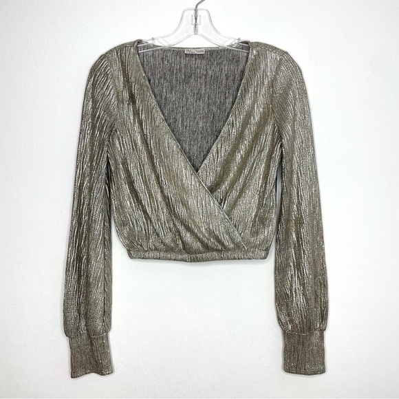 ZARA gold silver pewter metallic faux wrap crossover long sleeve blouse Small - Picture 1 of 14